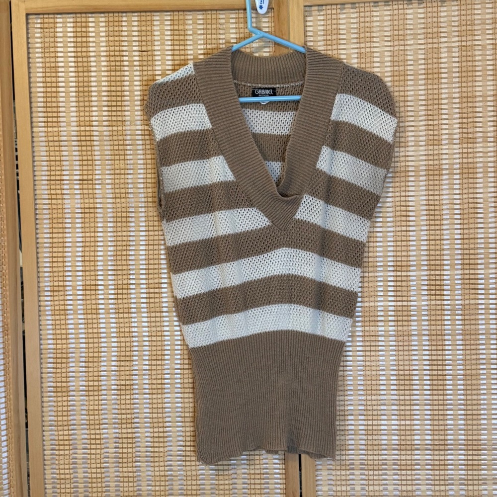 Gabriel New York Womens Striped Knit Sweater Vest Tan White V-Neck‎ Small USA